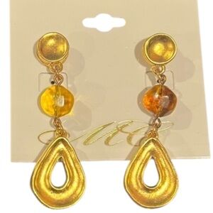 Mc Gold Tone Teardrop‎ Amber Bead Dangle Pierced Earrings